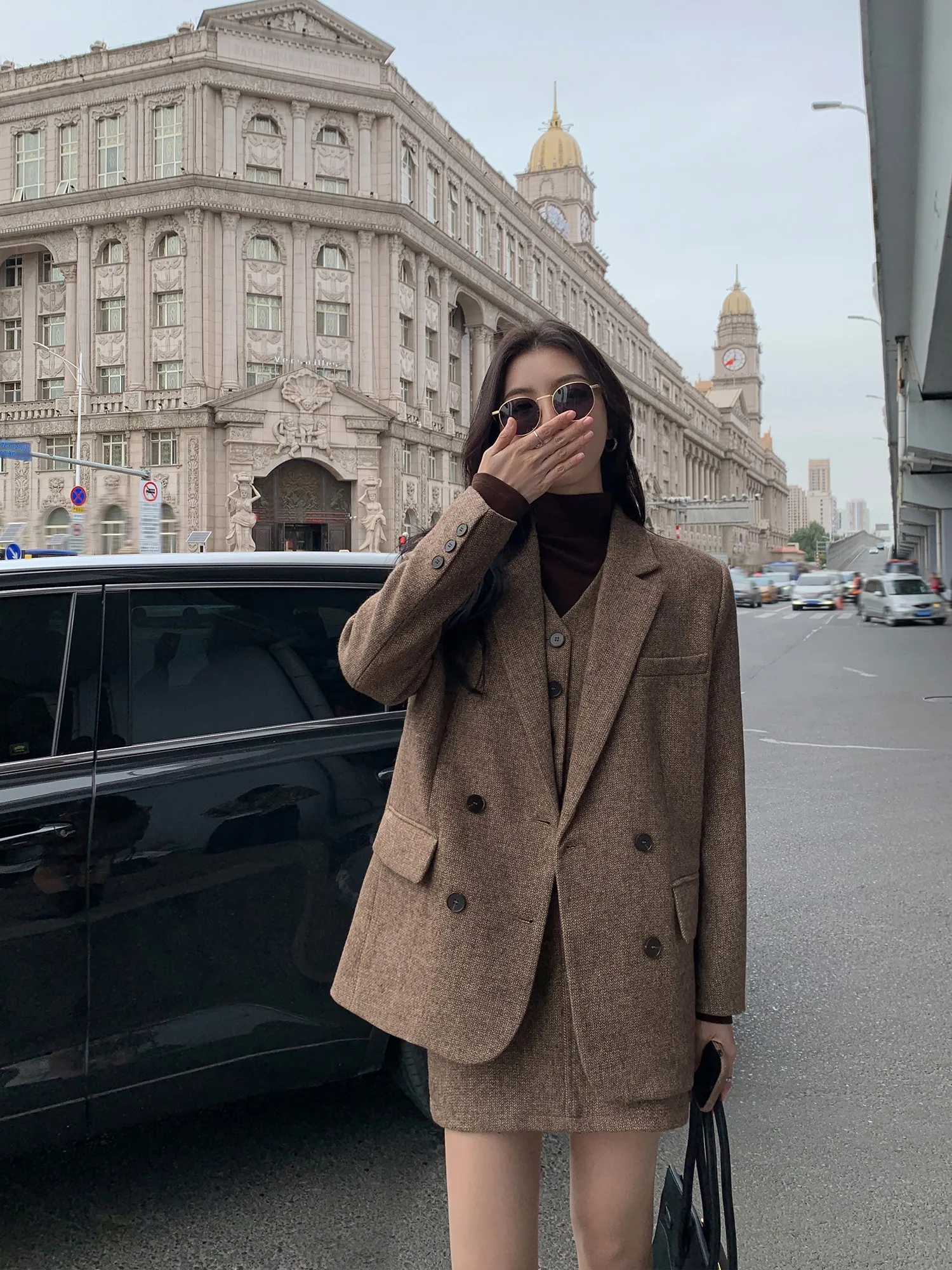 

Винтажный коричневый шерстяной костюм Mulvan Jaet, женский осенне-зимний твидовый костюм, длинное повседневное пальто Sve Busin из полиэфирного волокна