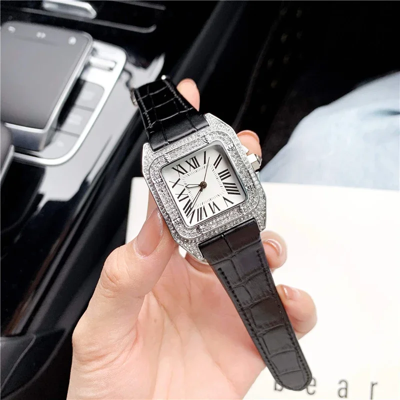 Brand Wrist Watches Man Woman Unisex Square Diamond Crystal Style Quartz Black Leather Strap Luxury Clock