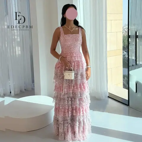 EDECPBM Pink Women Evening Dress Luxurious Evening Dresses 2025 Luxury Vestidos De Festa Sequins Multi-layer فساتين سهرة Prom