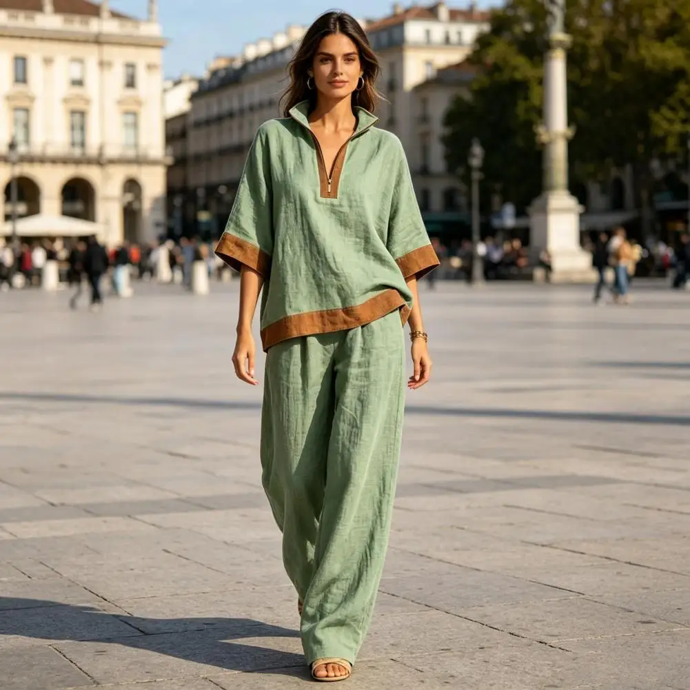 Everyday Women's Outfit Color Block Cotton Linen Set Half Sleeve Zip-up Top Wide Leg Pants Summer Lounge Outfit for Women Casual
