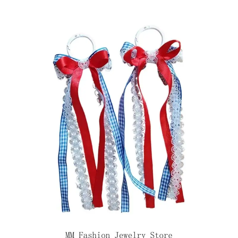 Layered Bows Fabric Accent Pair for Footwear and Handbags, Red White Accessory with Scarf Tie Styling Set D0UB