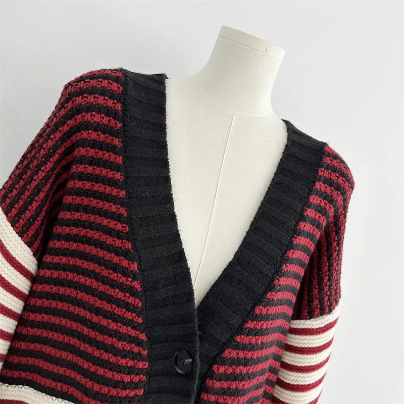 [ZOCI] Giacca cardigan ampia stile maglione lavorato a maglia a righe rosse spesse in lana di pecora