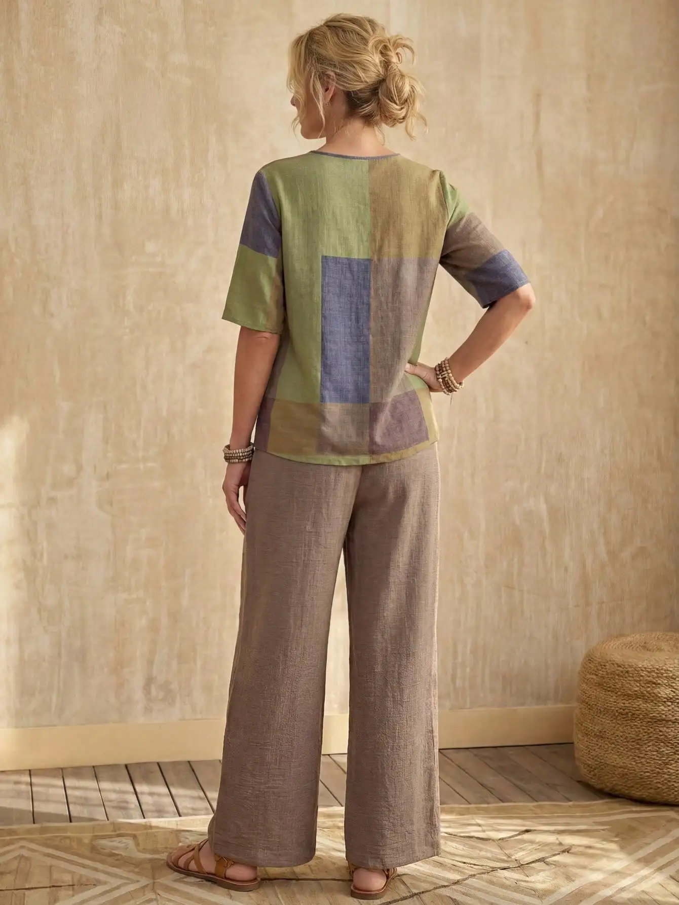 Women's Patchwork Colorblock Button-Front Top & Wide-Leg Pants Set