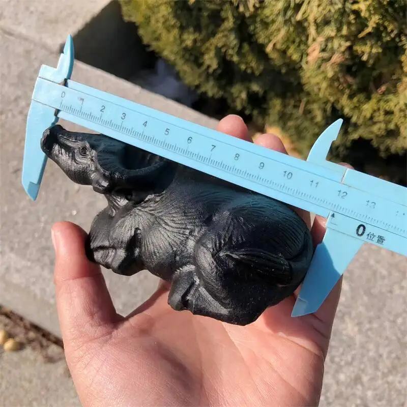 Natural Black Obsidian Buffalo Carving Polished Animal Powerful Statue For Home Decoration Holiday Gift 1pcs