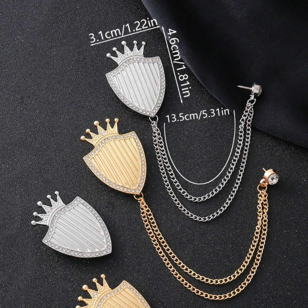 Gentleman Crown Shield Chain Brooch Suit Shirt Coat Decorative Accessories Gold and Silver Dual Tone Diamond Inlaid Pin