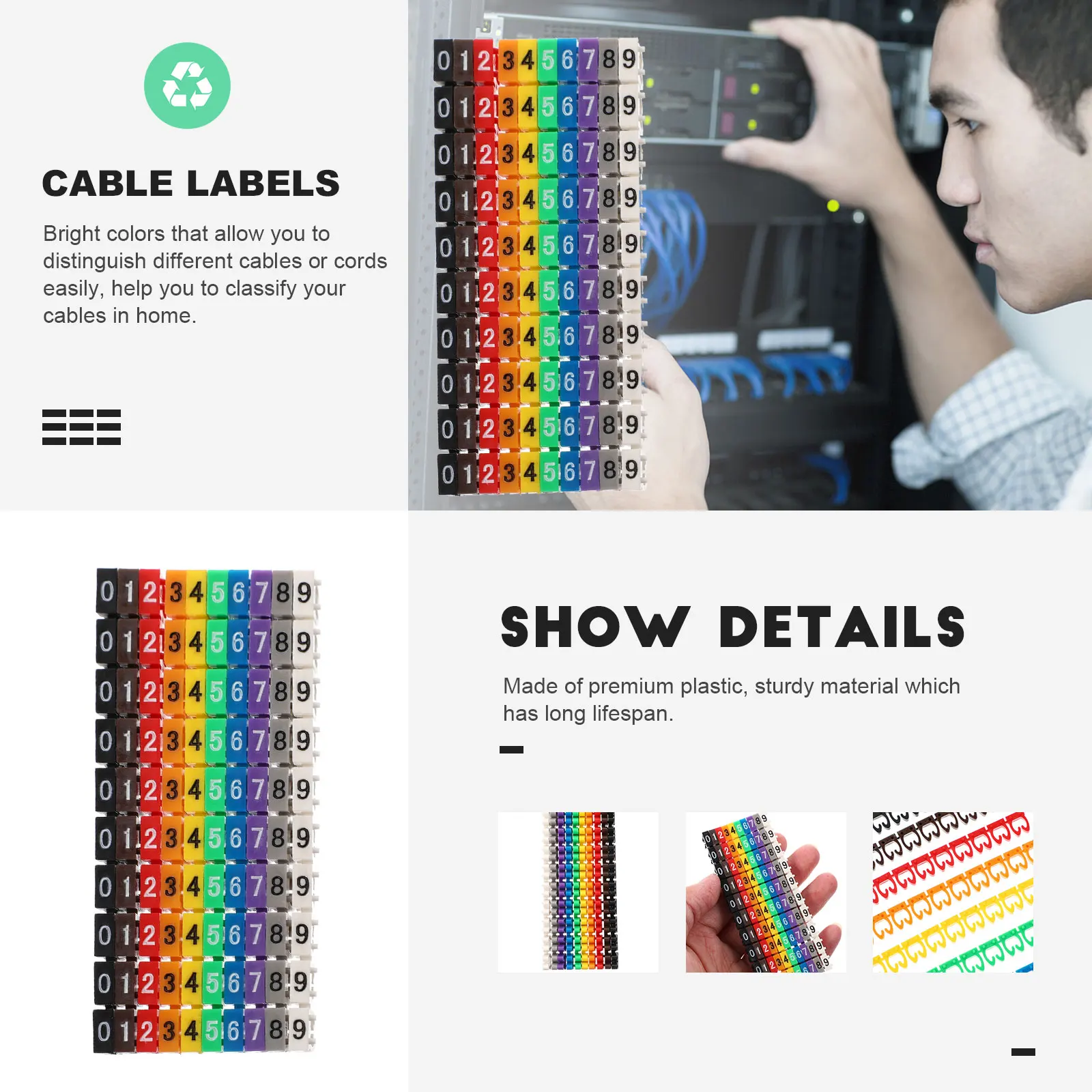 

100pcs Number Tube Cable Labels Wire Tags Multicolor Markers Bright Colors Reusable Plastic Identifier Cord Management