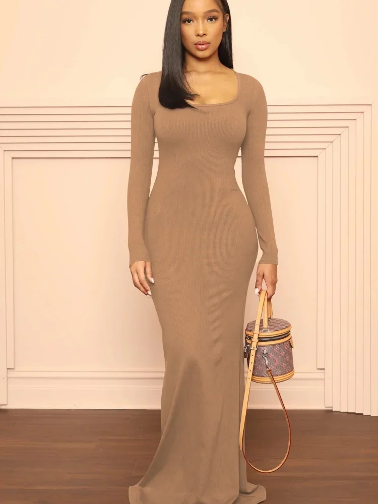 Wmstar Dress Women Autumn New Solid Color Fashionable Slim Fit U-neck Long Sleeved Ribbed Pit Stripe Dresses Dropshipping 2024