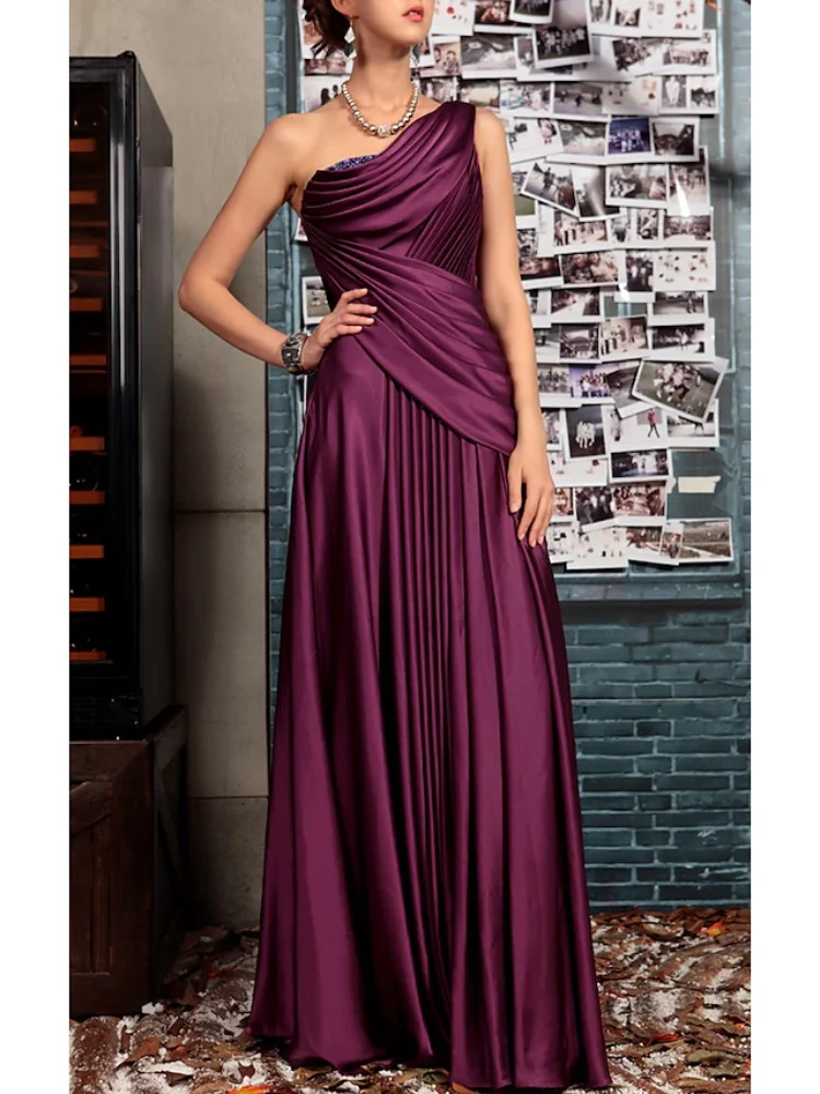 Bainha elegante vestidos de noite formal casamento convidado um ombro sem costas sem mangas até o chão cetim com pregas vestido de baile