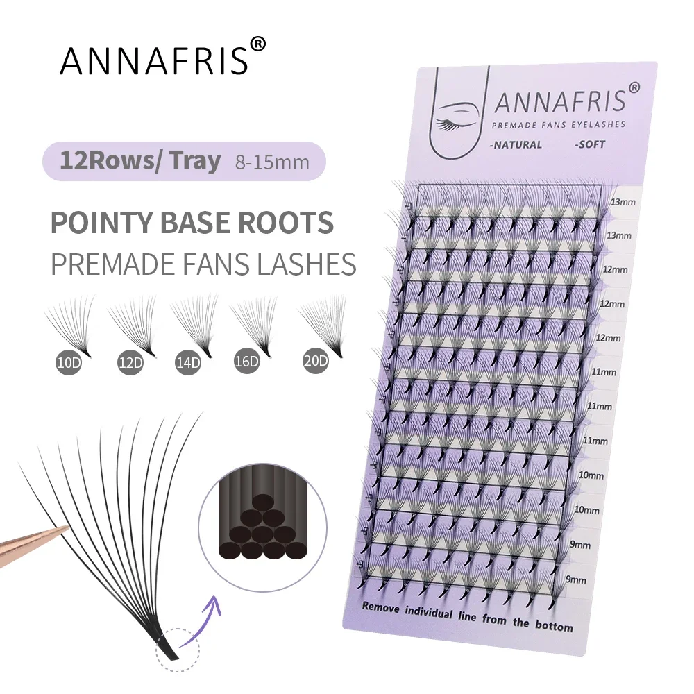 ANNAFRIS 10D 12D 14D 16D 20D Premade Fan Eyelash Extension Thin Pointy Base Roots Russia Volume Lashes Soft Natural False Lashes