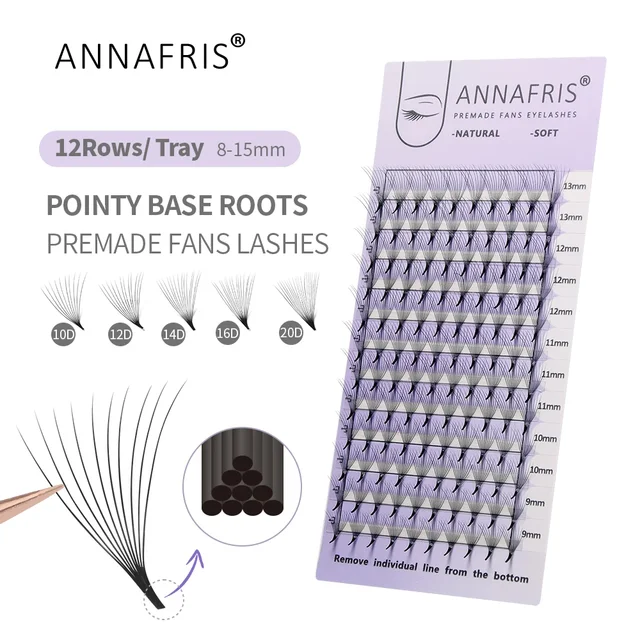 ANNAFRIS 10D 12D 14D 16D 20D Premade Fan Eyelash Extension Thin Pointy Base Roots Russia Volume Lashes Miękkie naturalne sztuczne rzęsy
