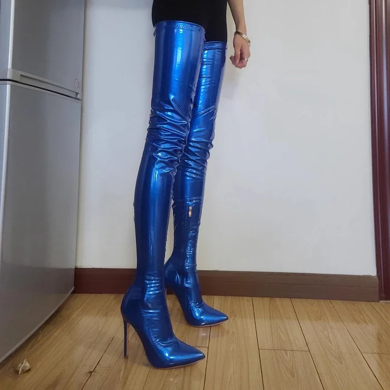 Sexy Stretch Slip On Treasure Blue Patent Leather Thigh Boots Thin High Heels Pointed Toe Performance Over The Knee Boots Woman