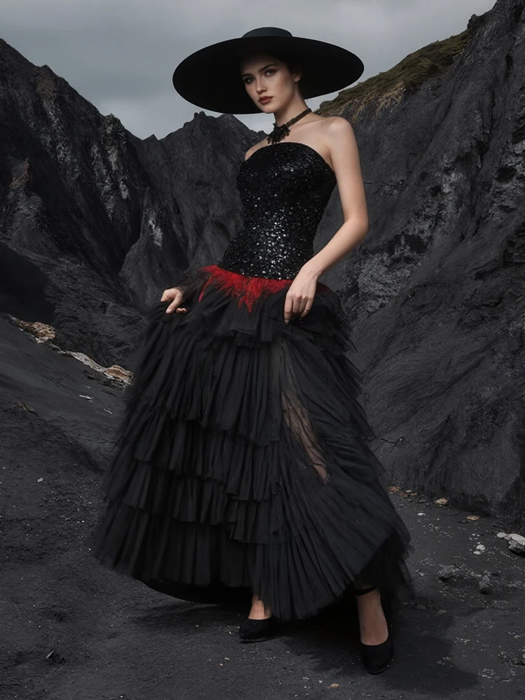 VC Strapless Sequin Patchwork Evening Dress Women Feather Waist Tulle Layered Maxi Gown For Wedding Guest & Banquet Occasions