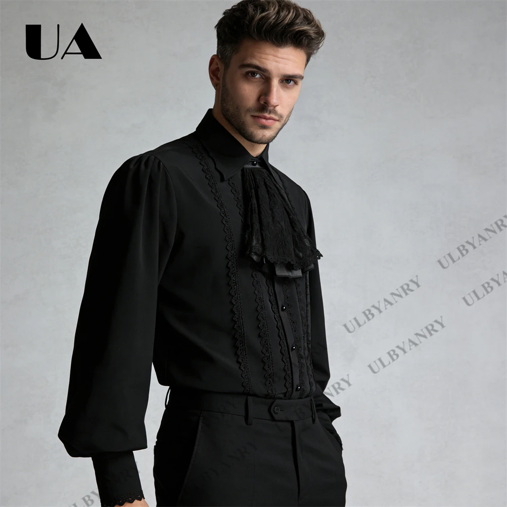 

Black Gothic Ruffle Shirt Men's Steampunk Blouse with Lace Jabot Puff Sleeves Formal Shirt for Wedding Gala Pirate Nobleman
