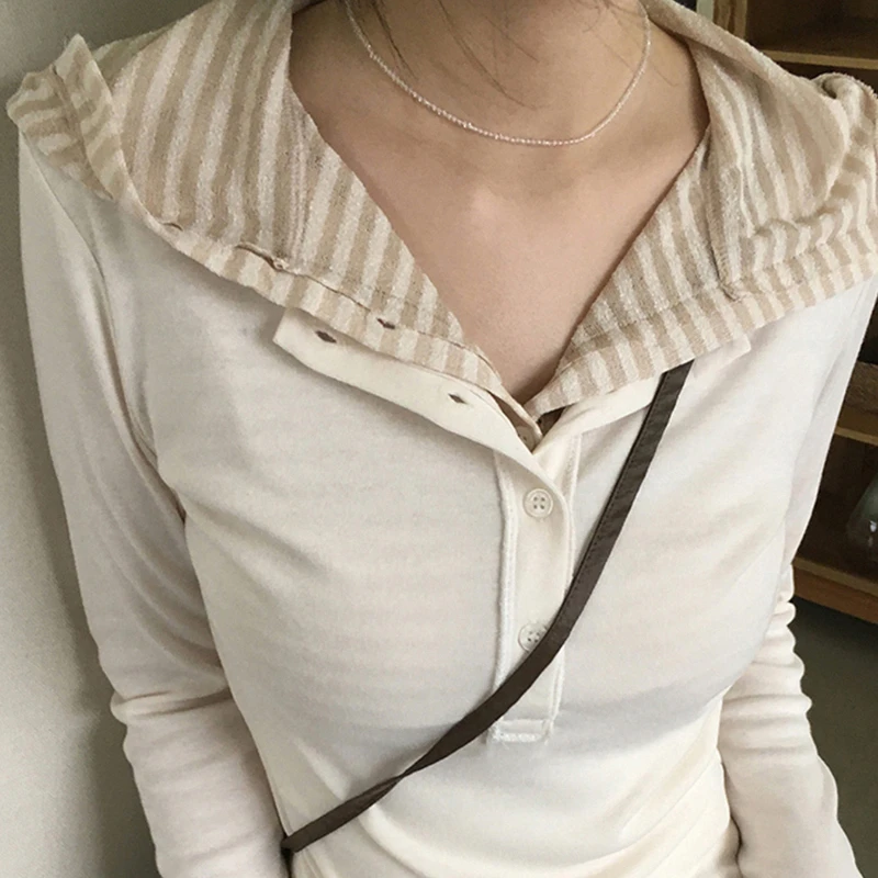 

Street fashion Y2k women's summer pure color button collar fake two-piece hooded slim T-shirt European and American cross-border