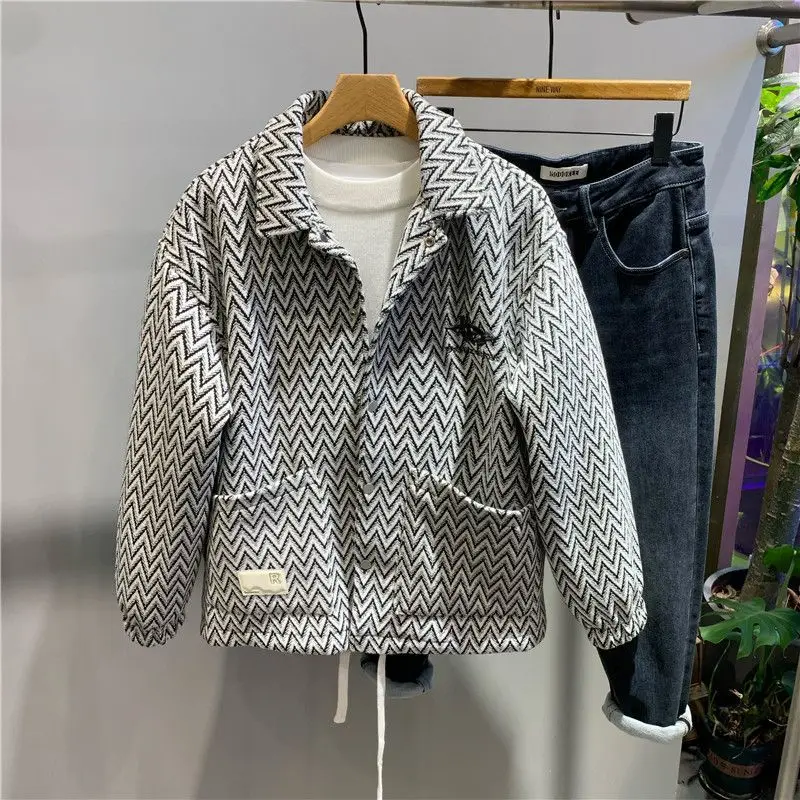 

Осень и зима, новый стиль, полосатый цвет, повседневная универсальная модная свободная мужская рабочая куртка с верхними лацканами