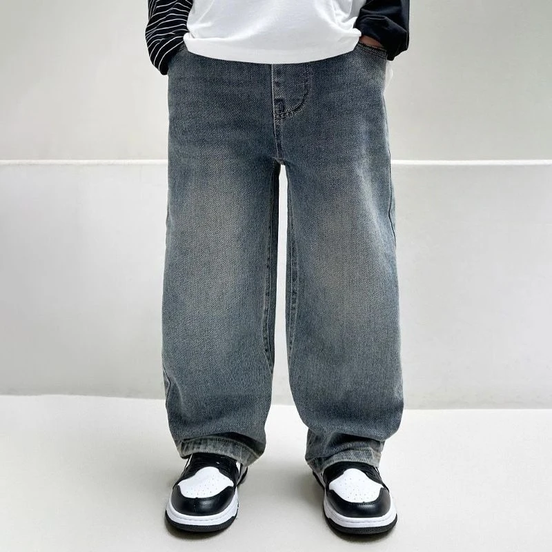 2025 Autumn/Winter Boys' Fleece-Lined Straight Jeans Wide-Leg Loose Stylish Pants