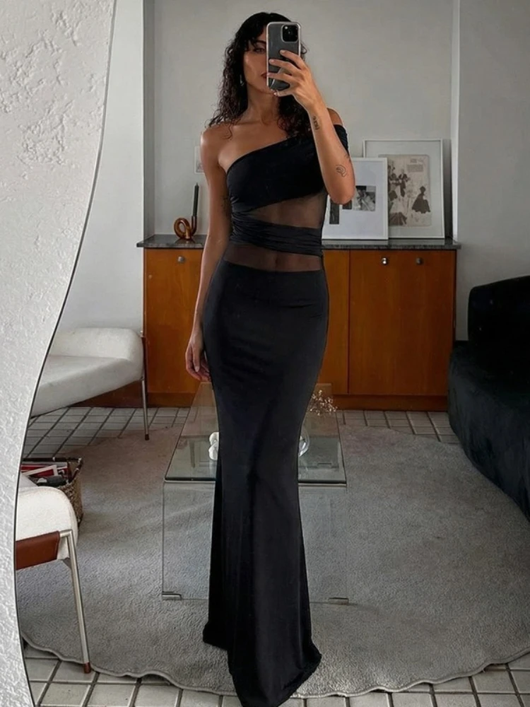 

Tossy Elegant Fashion Mesh Long Dress Female See Through Patchwork Inclined Shoulder Solid Sexy Slim Party Evening Dress 2026