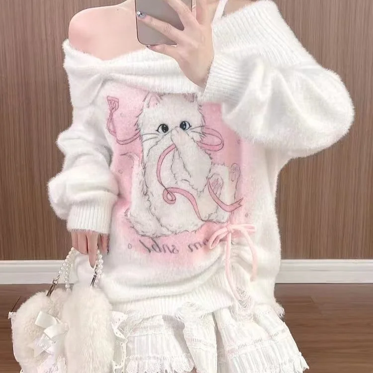 Autumn Winter Cute Soft  Print oulder Bared Long Sve Loose Fit Comfortable Warm Polyester Fiber Women's Sweater Top