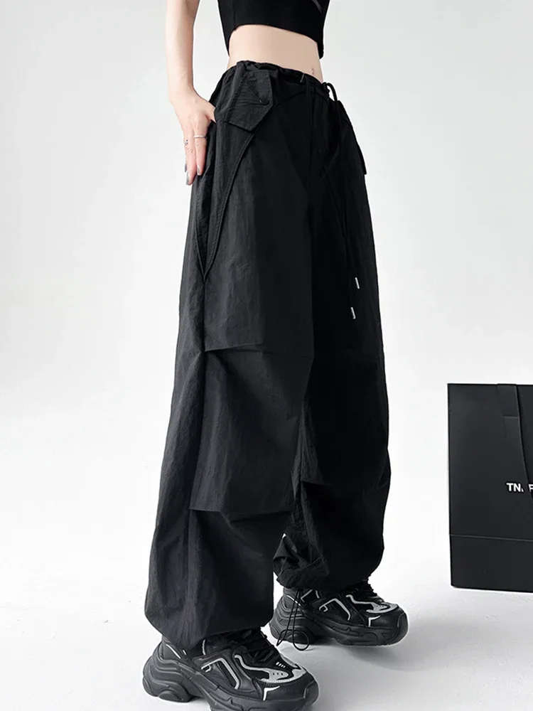 

Summer Street Full Length Fashion Solid Color Female Wide Leg Pants American New Chic Drawstring Loose Casual Cargo Pants Women