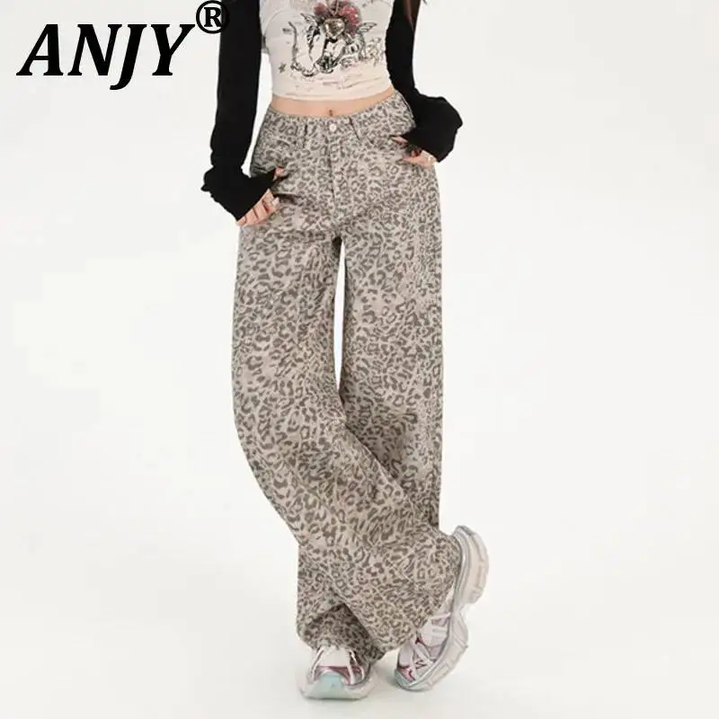 

ANJY Spring Autumn New Women American Style Retro Leopard Print Casual Jeans Loose Versatile Trend Fashion Wide-Leg Pants A23068