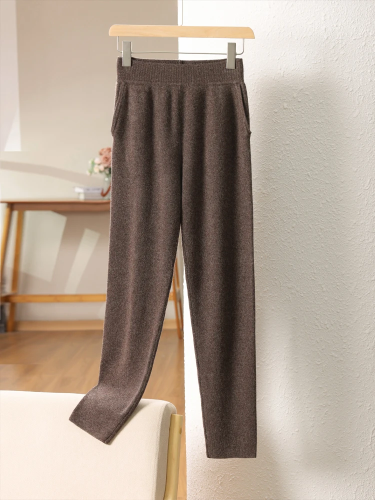 New Autumn And Winter 100% Merino Wool Flat Small Foot Pants Women Loose High Waist Lean Knitted Cashmere Bunched Foot Pants