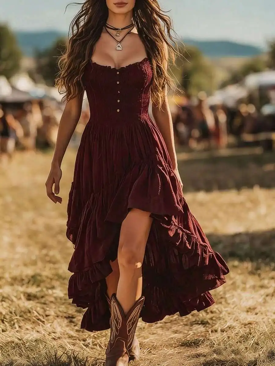 

Womens Vintage Strapless Dress With Shirred Bust Cinched Waist Asymmetrical Ruffled Hem