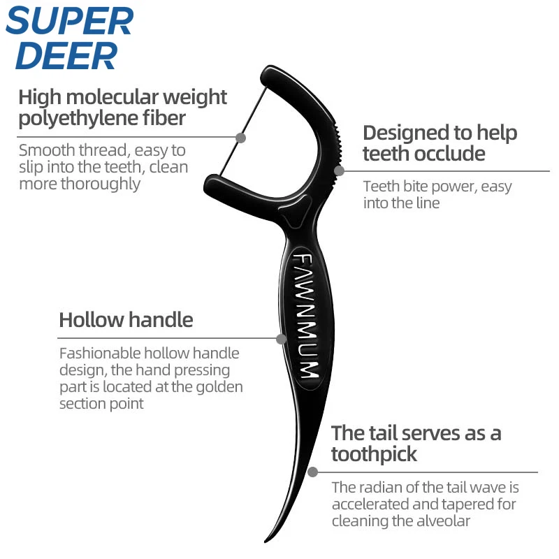Super Deer 50Pcs Bamboo Charcoal Dental Floss Stick Disposable Toothpicks Fresh Breath Dental   Flosser For Oral Cleaning