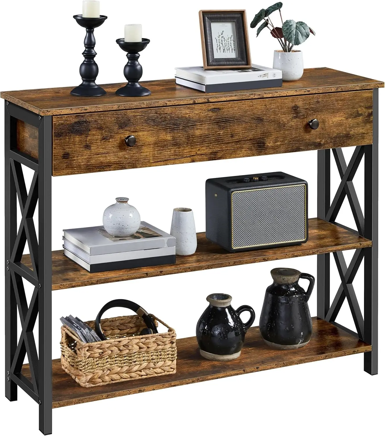 

Console Table with Drawer, Entryway Table with 3 Tier Storage Shelves, Narrow Long Sofa Tables for Entryway, Living Room