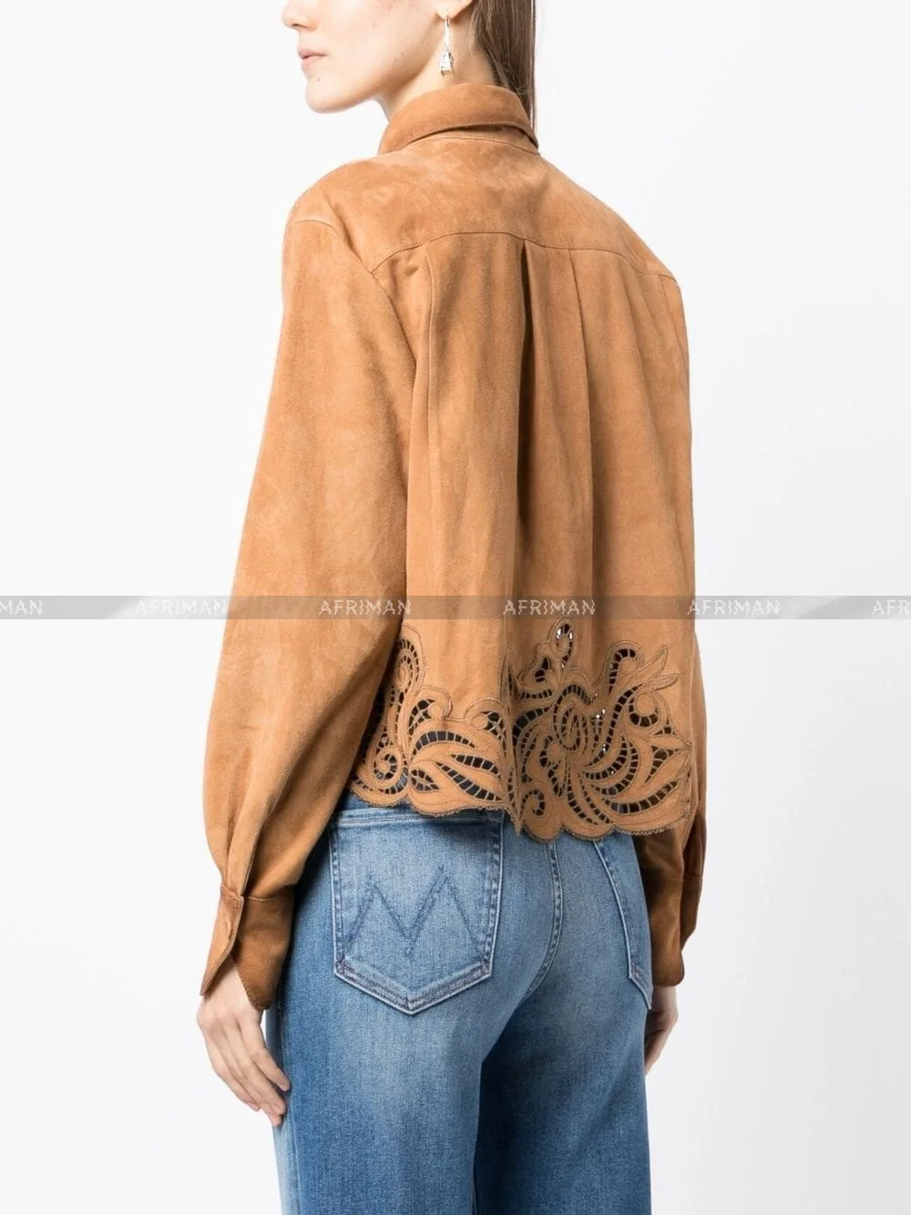 Camicia da donna in pelle di agnello scamosciata Top con decorazione ricamata scavata