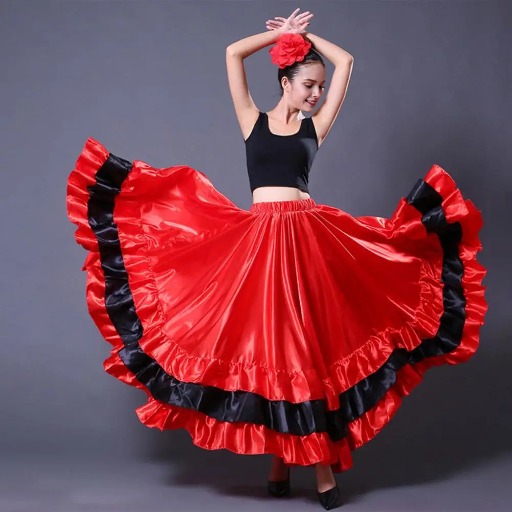 Women Maxi Skirt Elastic Waist Stitching Layered Cake Skirt Color-Blocked Red Black 360 Degree Oversized Skirt Stage Performance