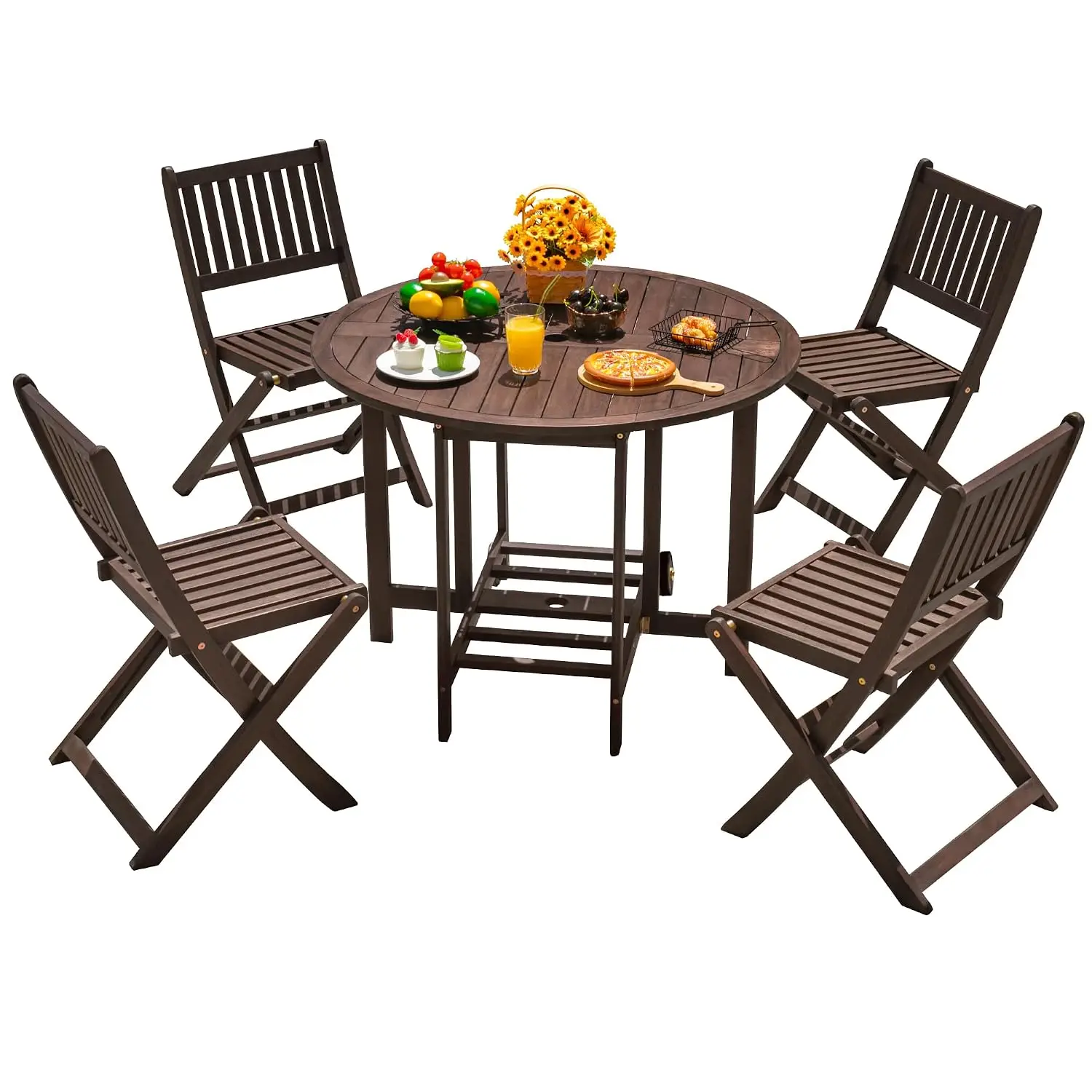 Acacia Wood Outdoor Folding Patio Dining Set for 4 Round Table with Wheels, Customized