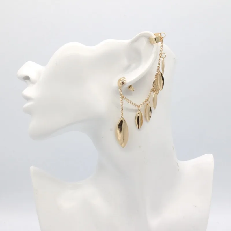 1 Pc Women Trendy Leaf Tassel Chain Ear Cuff Gothic Punk Clip Earrings Metallic Bright Surface Super Flash Earrings For Women