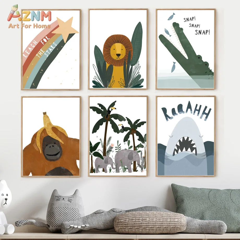 AZNM Cartoon Jungle Ocean Animal Canvas Print Lion Gorilla Elephant Shark Crocodile Rainbow Cute Quote Neutral Wall Poster Unfra