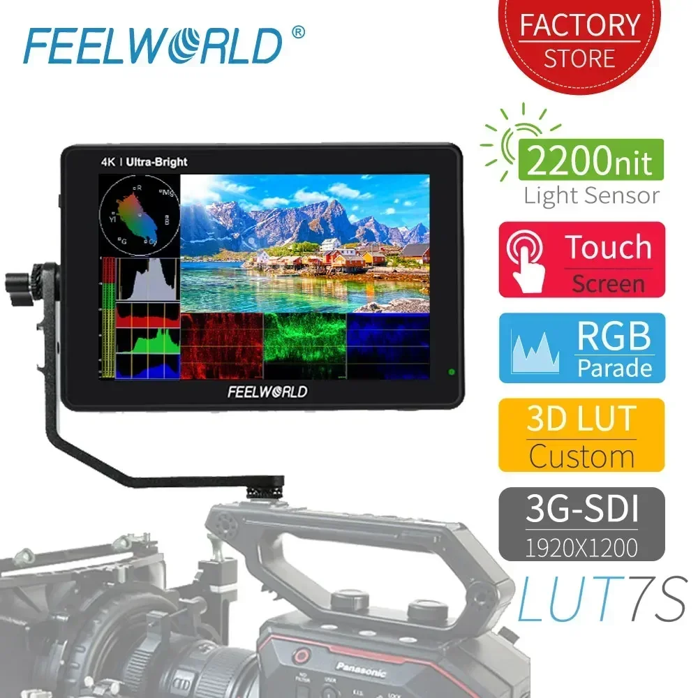 

FEELWORLD LUT7S 7 Inch 2200nits Touch Screen Field Monitor 3D LUT Full HD 1920x1200 IPS 3G SDI 4K HDMI Input Output DSLR Monitor