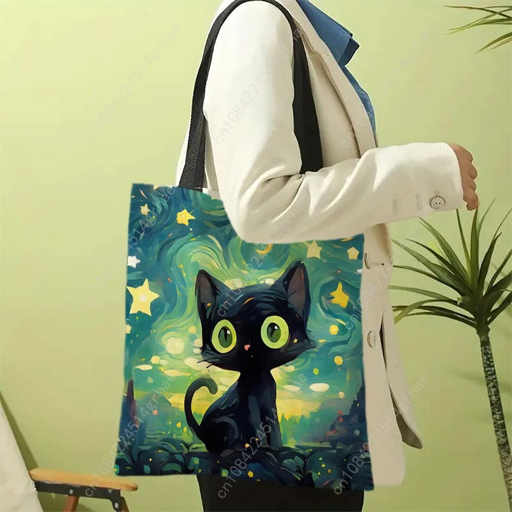 30x35cm Van Gogh Black Cat Tote Bag Flower Portable Casual Eco Handbag Shopping Bag Design Books And Everyday Use School Handbag