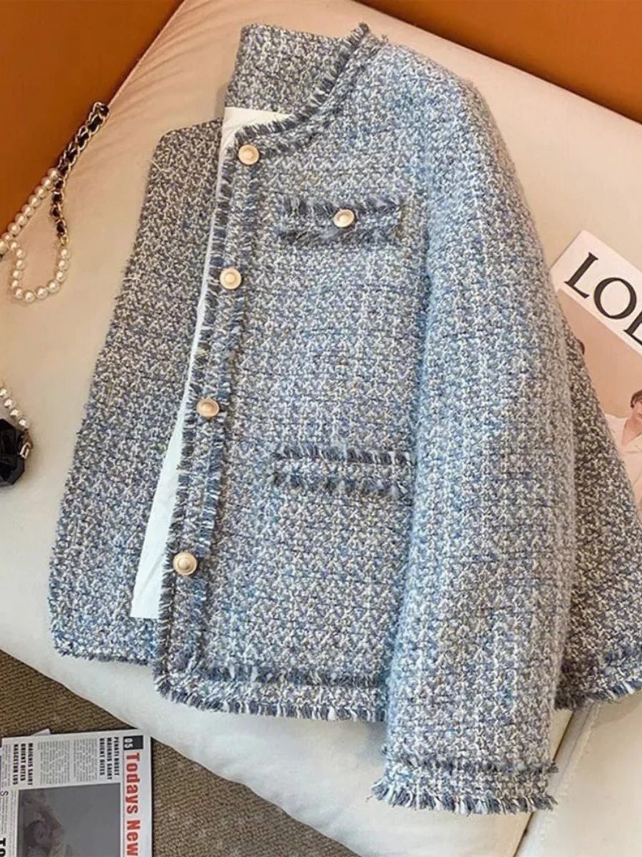 

Sli Blue Tweed Outerwear Korean Drama Inspired Spring Autumn New Sle Beautiful Bouclé Korean Lady Top Quali Women's F...