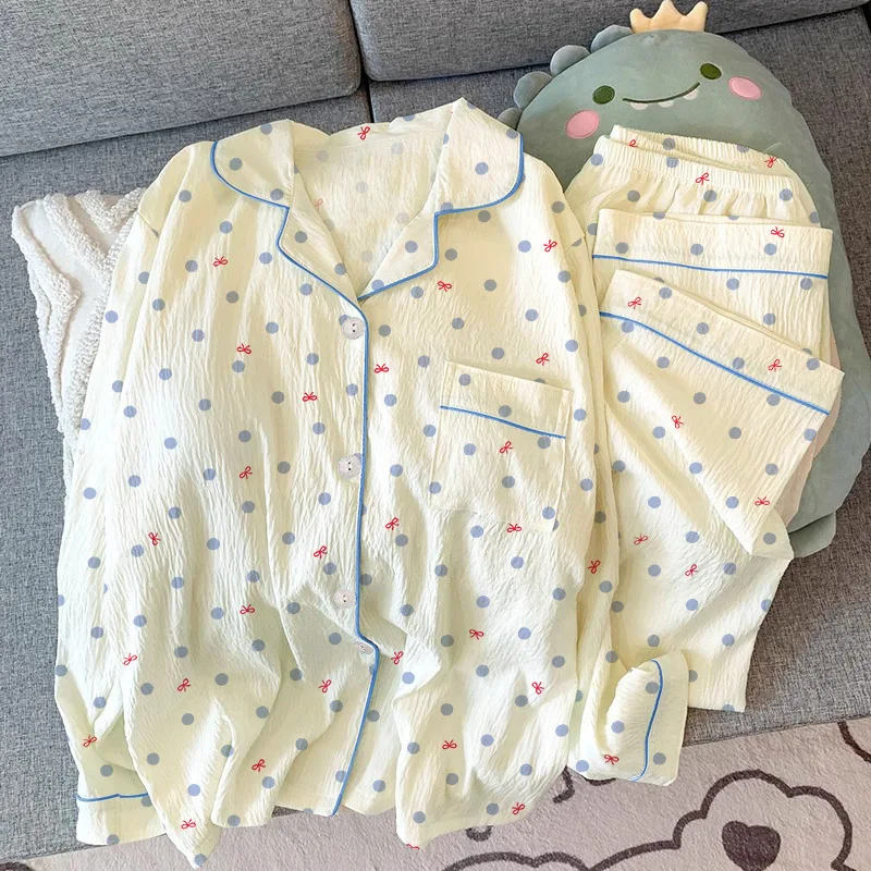 French-Style Fashion Ins-Inspired Spring And Autumn Wrinkled Fabric Pajamas, Girls' Long-Sleeve Comfortable Cardigan Home Set