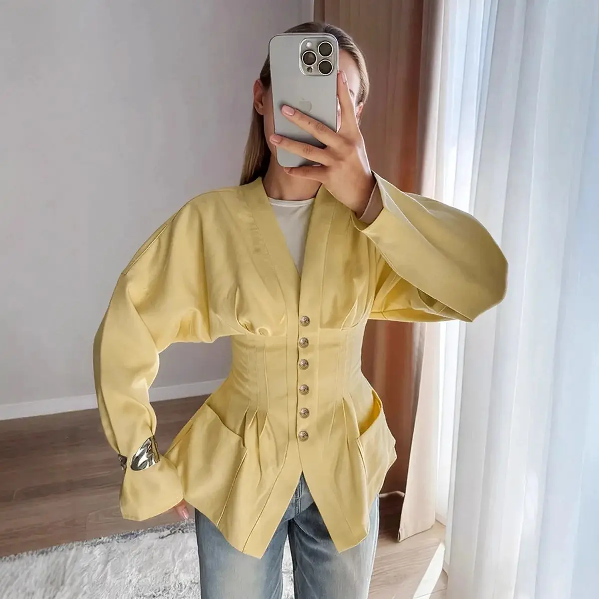 

Chic V-ne Single Lady Ele irt Cleanfit Sle Poly Fabric A-line Sve Non-deformable Winter Collection Women's irt