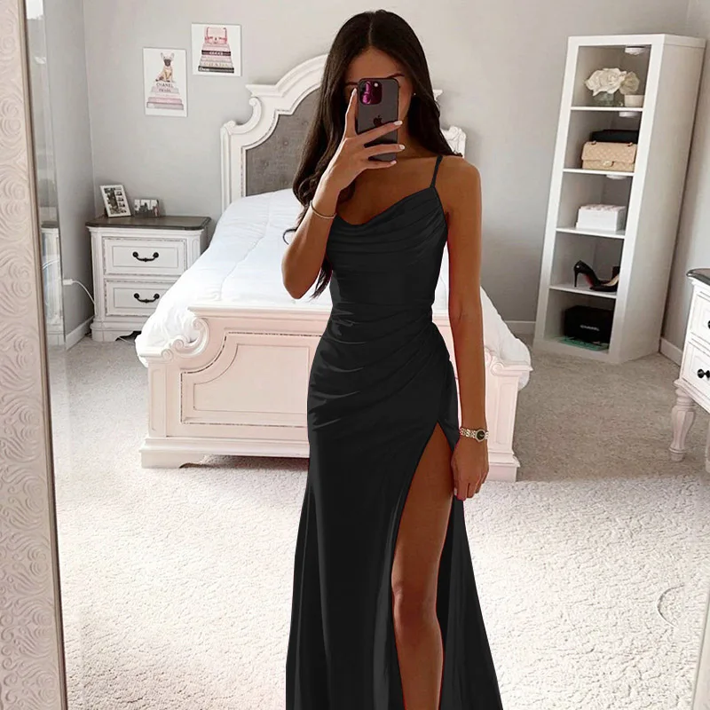 Women's Sexy Evening Party Dress New Spring Summer Bra Shrink Pleated Split Satin Dress Sexy Slim Fit Wrapped Hip Dresses Robe