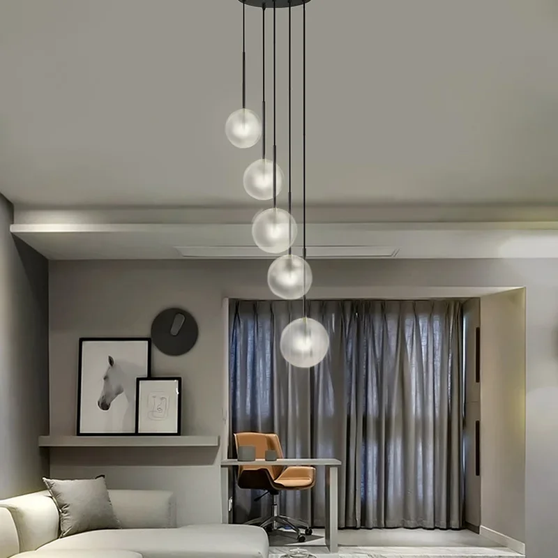 Luxury Led Big Chandelier Fixture Pendant Lights For Lobby Stairs Restaurant Decor Dining Room Black Hanging Lamp Glass Ball