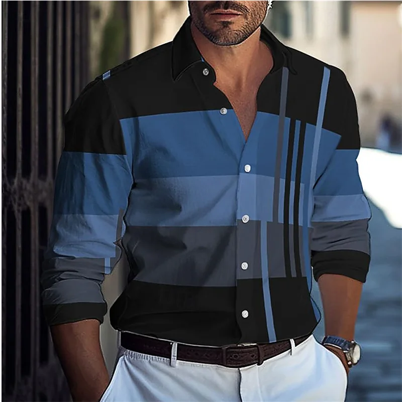 Striped men's business casual 3D printed shirt street daily spring and summer lapel long-sleeved black 6XL stretch fabric shirt