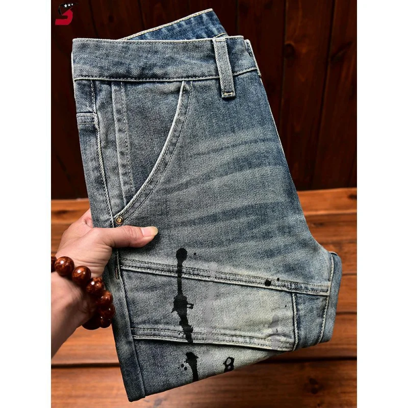 Nieuwe High-End Heren Jeans Straight Tube Slim Fit Mode Trend Merk Print Retro Distressed Casual Veelzijdige Gewassen Denim Broek