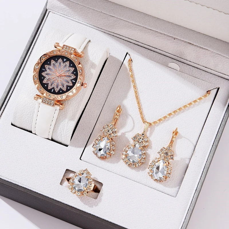 Conjunto de relógio e pulseira de couro feminino, relógio clássico e versátil, elegante e lazer, 5 unid gift set