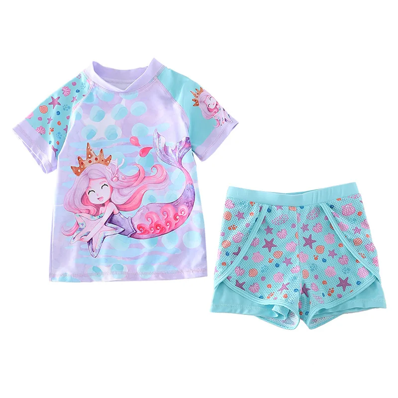 HappyFlute 16-28kg Small Girls Short Sleeve With Pant Mermaid Print  Sunscreen &Quick-drying Swimsuit