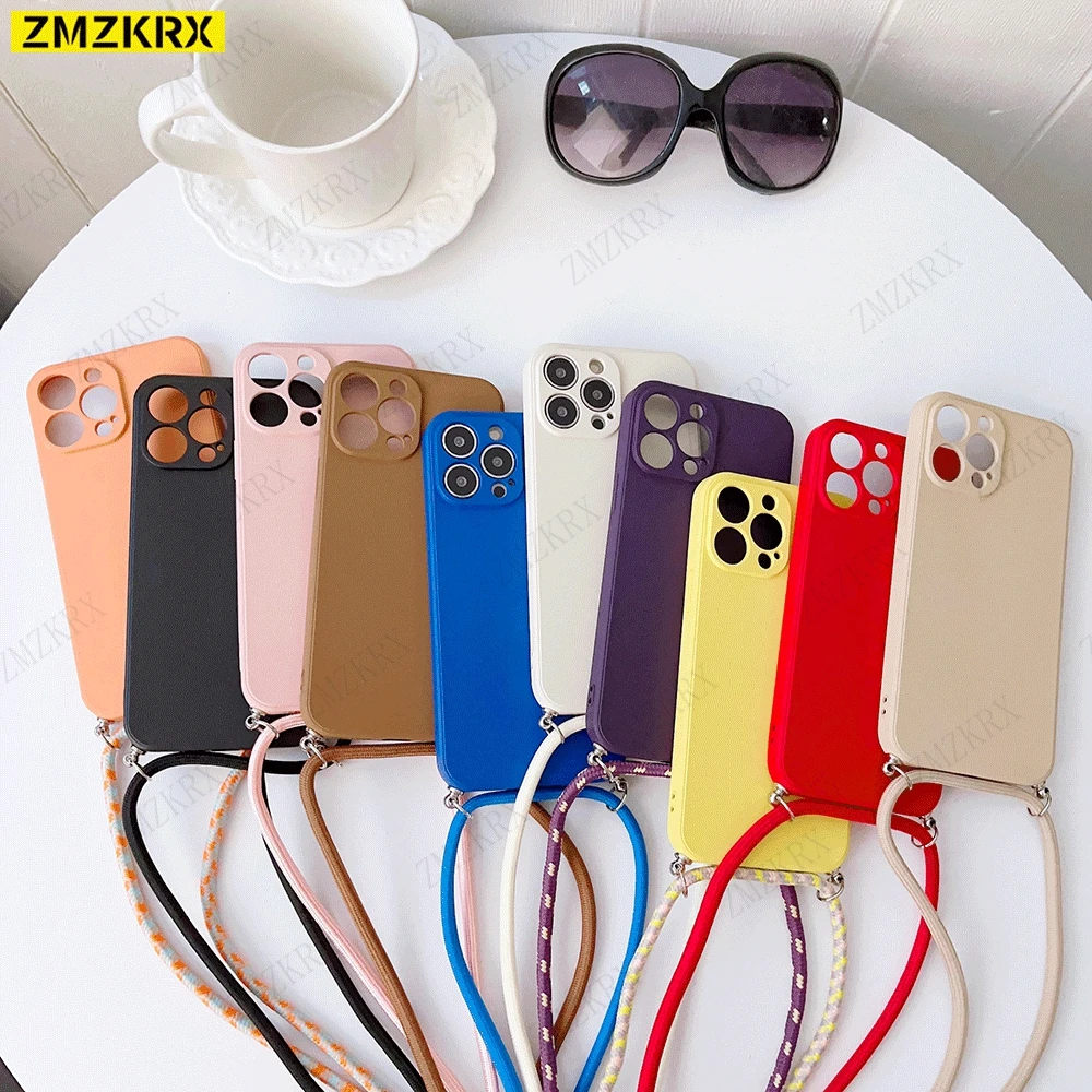 Crossbody Necklace Cord Lanyards Liquid Silicone Case For iphone 13 12 Mini 11 14 Pro Max X XS XR 7 8 Plus SE Candy Colors Cover