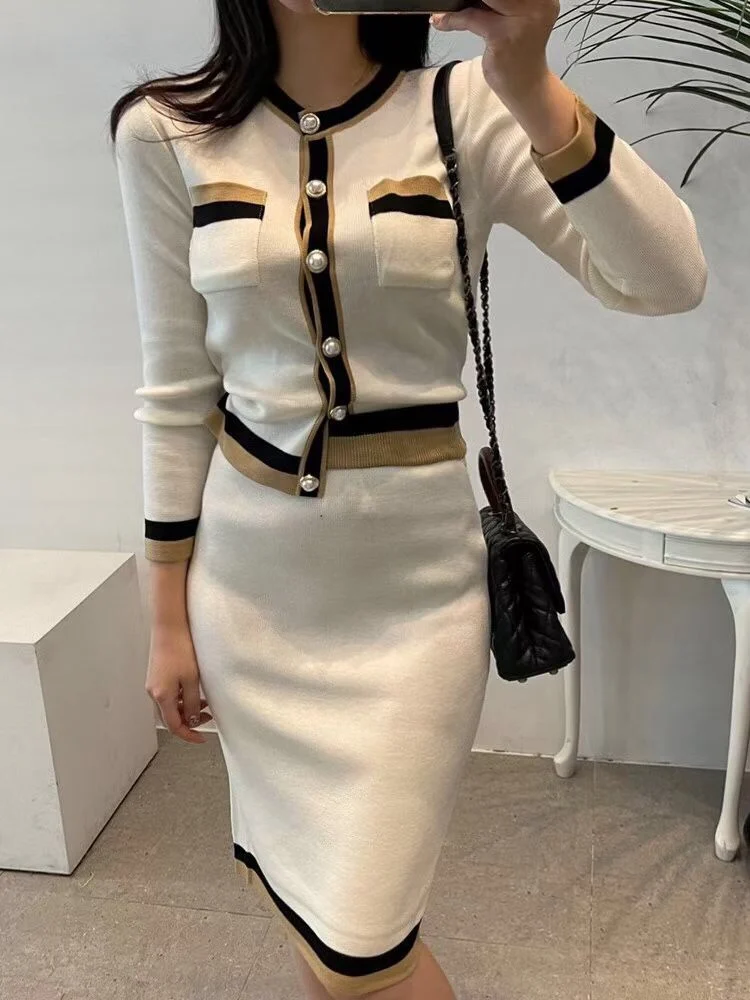 New Autumn Women Fashion Designer Skirt Set Long Sleeve Pockets Tops + High Waist Knee Skirt Knitting 2 Two Pieces Suits