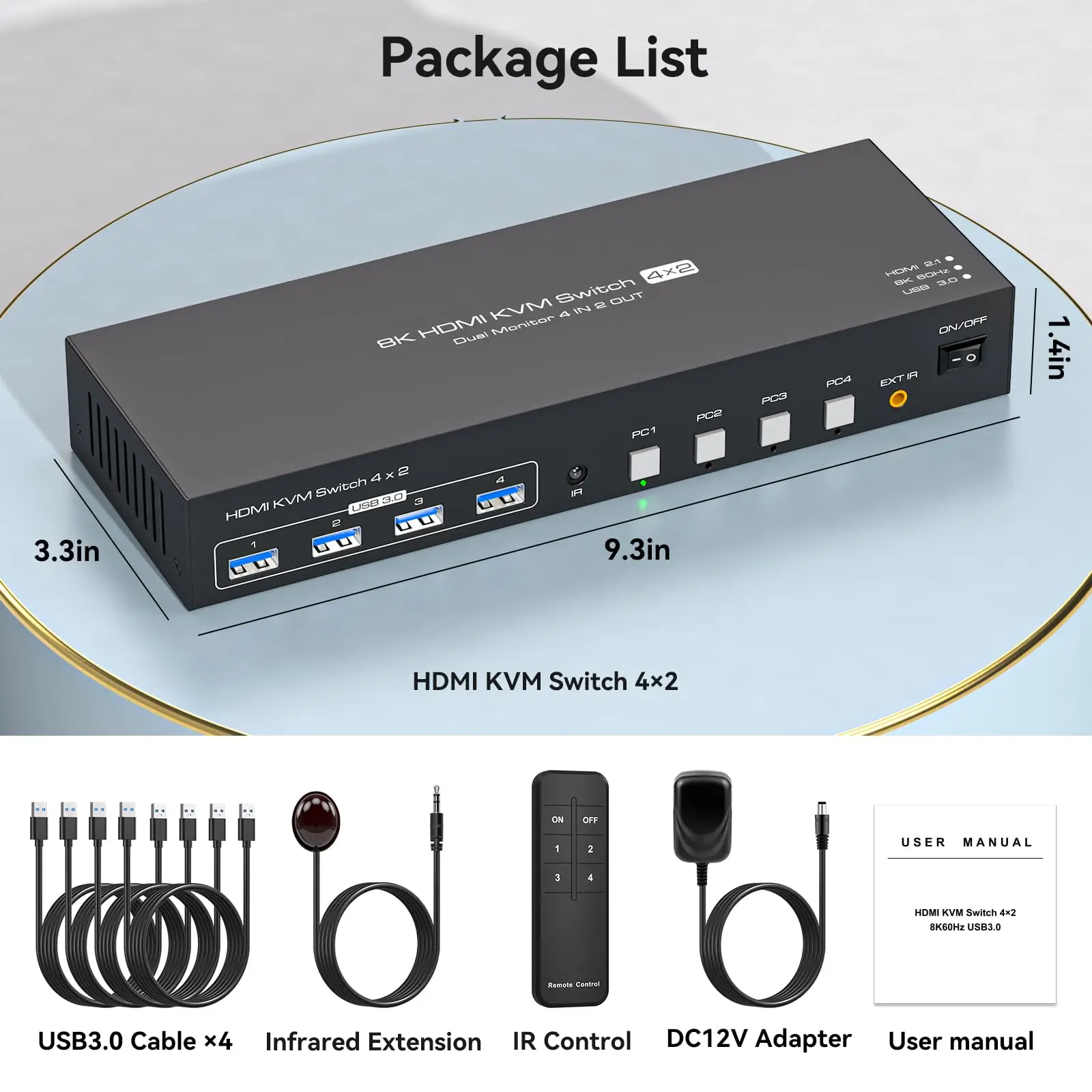 Conmutador KVM HDMI 8K 4 EN 2 salidas, 8K @ 60Hz 4K @ 144Hz EDID 4 puertos KVM para 4 PC compartido de monitores duales y 4 dispositivos USB 3.0