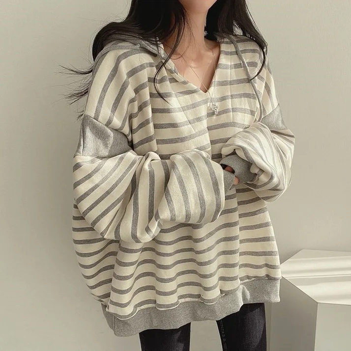 Striped Sweater Women's Hooded Spring Autumn Casual Pullover