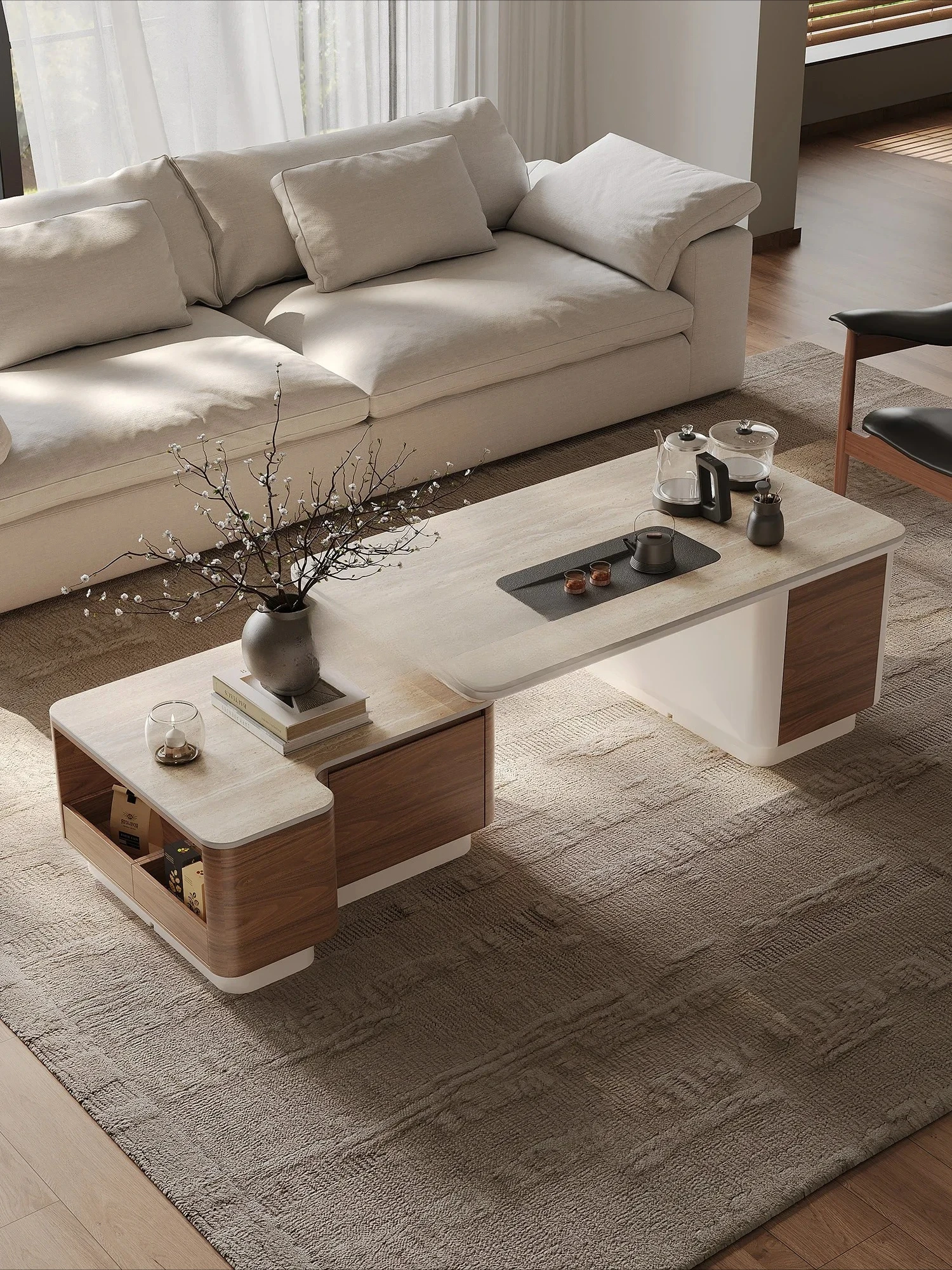 D178  Retractable coffee table living room home new travertine rock slab advanced light luxury tea table