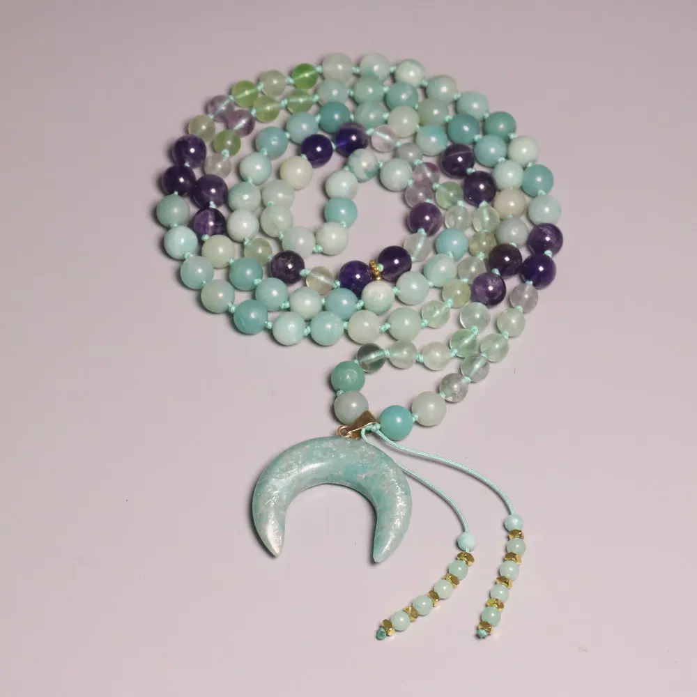 108 Mala Beaded Necklace for Women Jewelry Bohemian Dream Catching Tassel Pendant 8mm Amazonite Stone Prayer Japamala Necklace 2